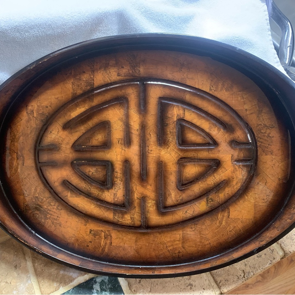 Oval Wooden Tray with Carved Design